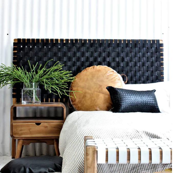 Black Woven Leather Strap Headboard, King Size Leather Headboard, Wall-Mounted