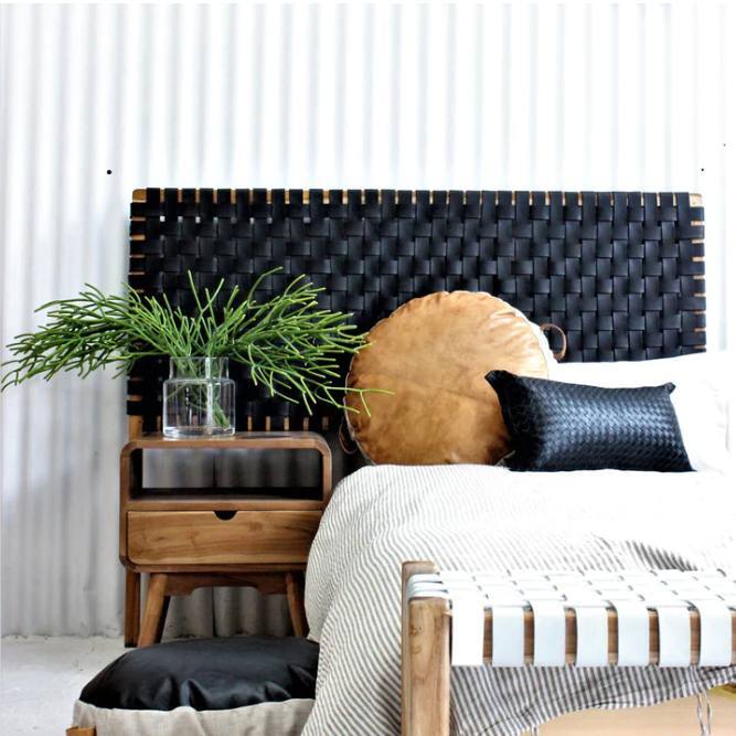 Black Woven Leather Strap Headboard, King Size Leather Headboard, Wall-Mounted