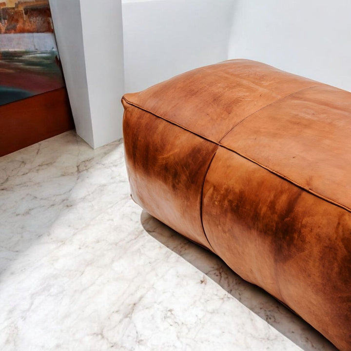 Rectangular Brown Leather Ottoman - Handmade Large Pouf Footstool