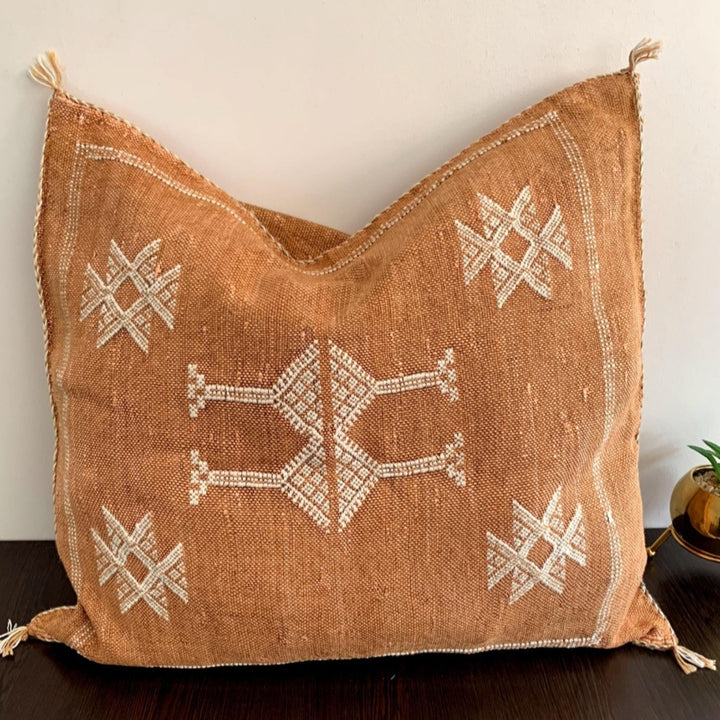 Brown Handwoven 19"x19" Sabra Pillow Cover, Living Room Cactus Silk Pillow Case