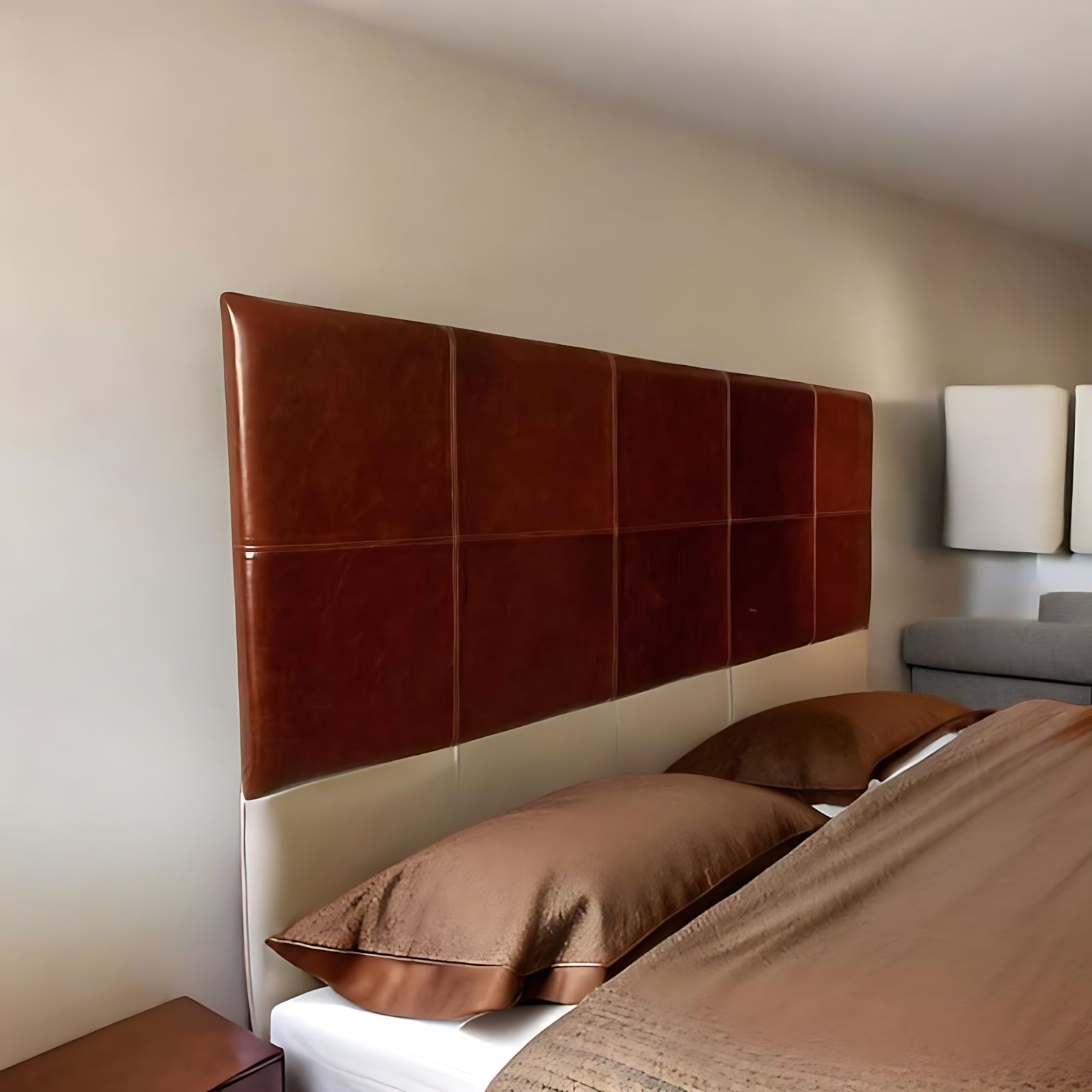 Warm Brown Leather Headboard for Timeless Bedroom Style | Wall Mounted
