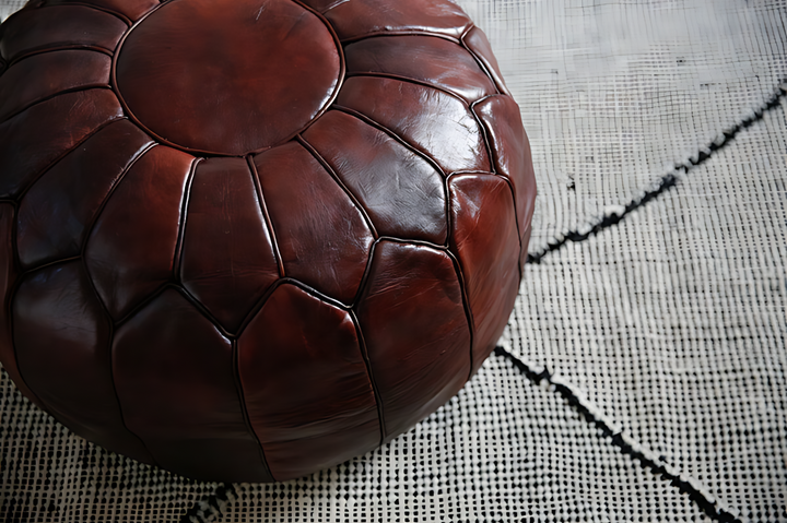 Luxury Double Lined Mahogany Genuine Leather Pouf - Round | Black White Toffee