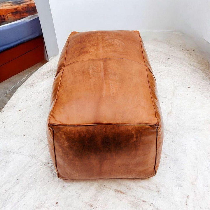 Rectangular Brown Leather Ottoman - Handmade Moroccan Pouf Footstool