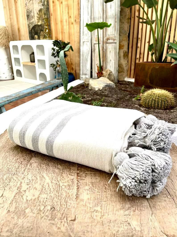 Wool Throw Blanket Cover, Moroccan Pom Pom Throw Blanket, Gray Throw Blanket