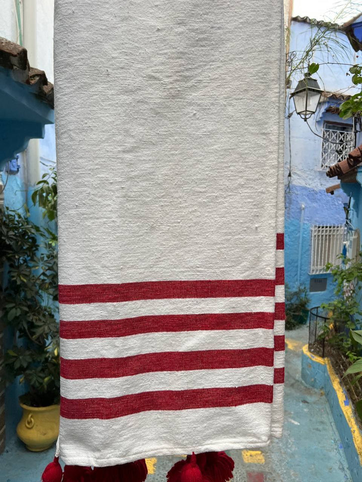 Wool Moroccan Blanket,Bedroom Blanket,Moroccan Red PomPom Blanket,Housewarming