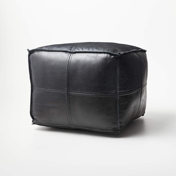 Handcrafted Moroccan Black Leather Pouf – Square Ottoman | Home Gift Bench
