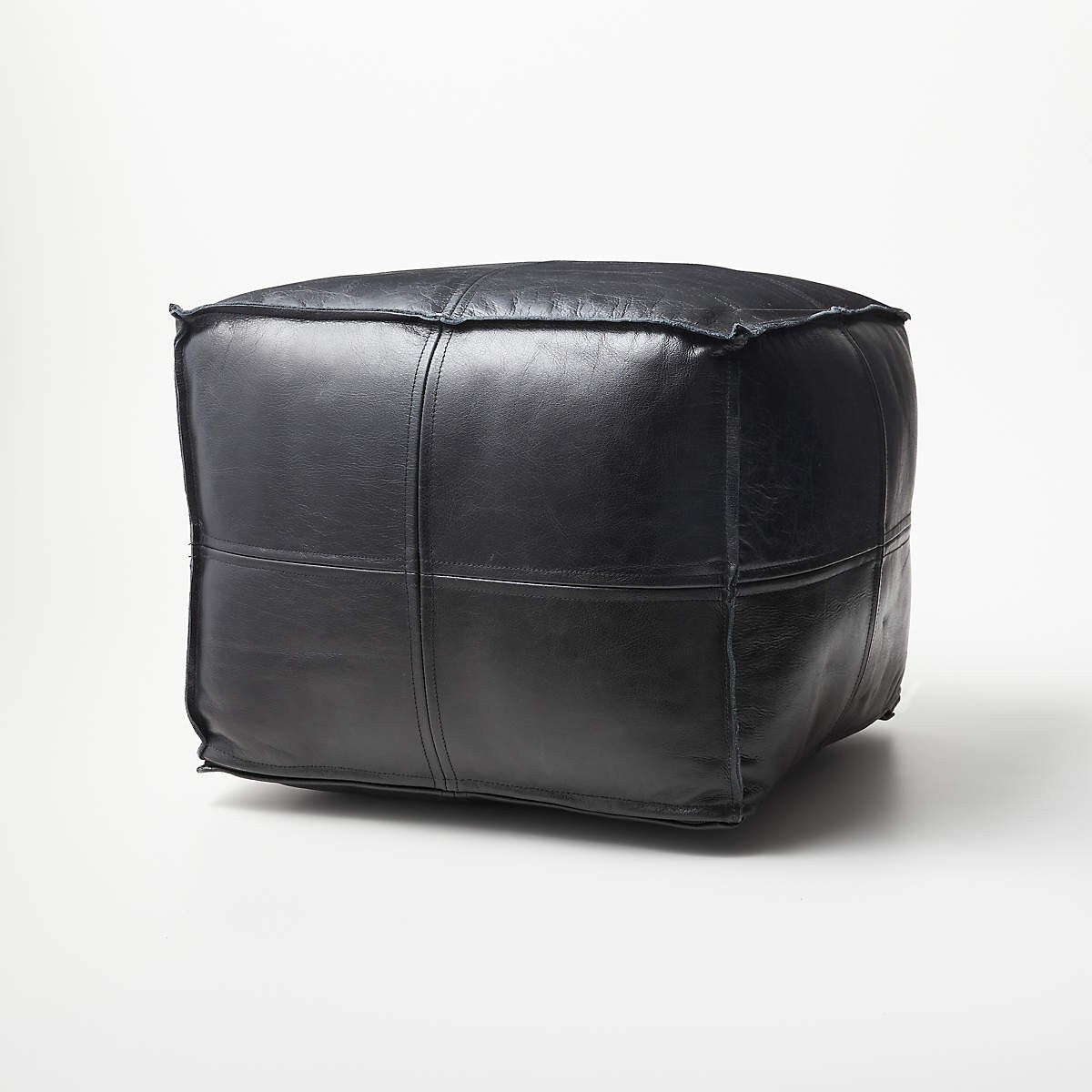 Handcrafted Moroccan Black Leather Pouf – Square Ottoman | Home Gift Bench