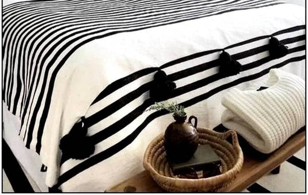 Moroccan Wool Throw Blanket, Black Throw Blanket,Bohemian Pom Pom Blanket, Decor