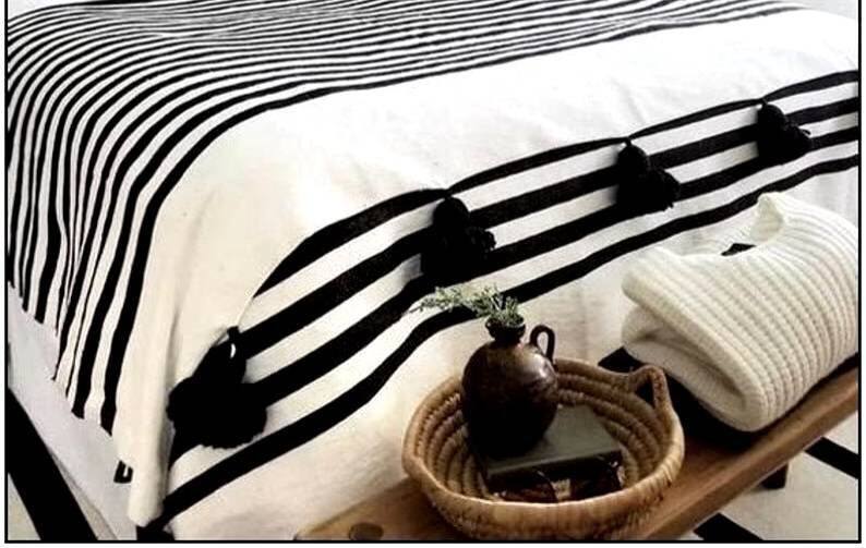 Moroccan Wool Throw Blanket, Black Throw Blanket,Bohemian Pom Pom Blanket, Decor