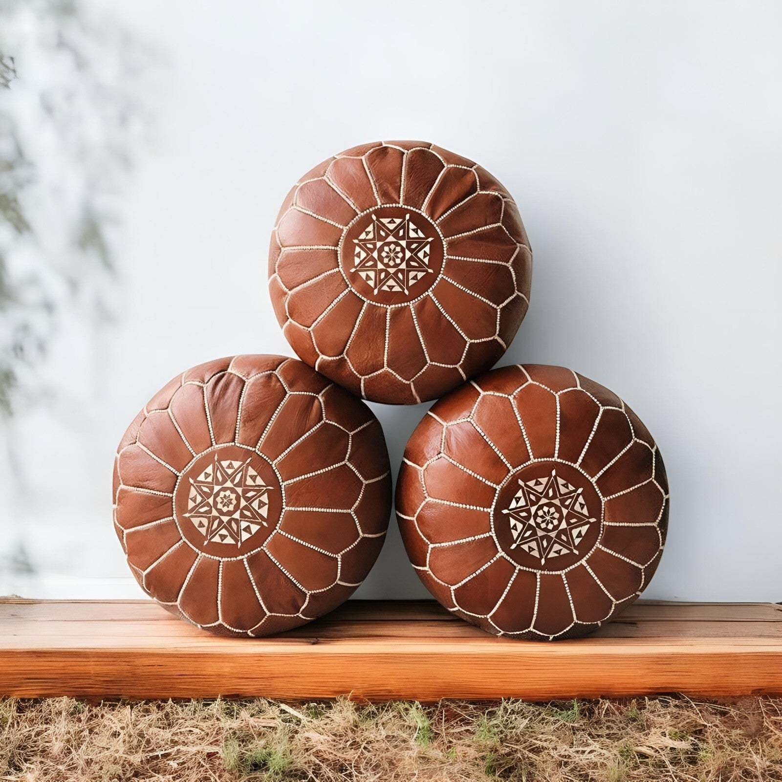 3x Moroccan Handcrafted Leather Pouf - Traditional Footstool Modern 