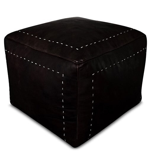 Square Ottoman Leather Pouf, White Leather Footstool Handcrafted Coffee Pouf