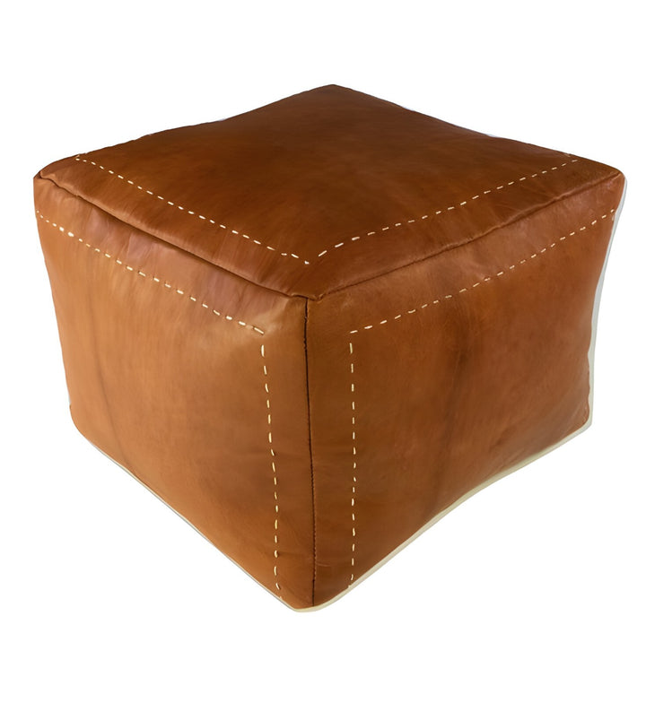 Square Ottoman Leather Pouf, White Leather Footstool Handcrafted Coffee Pouf