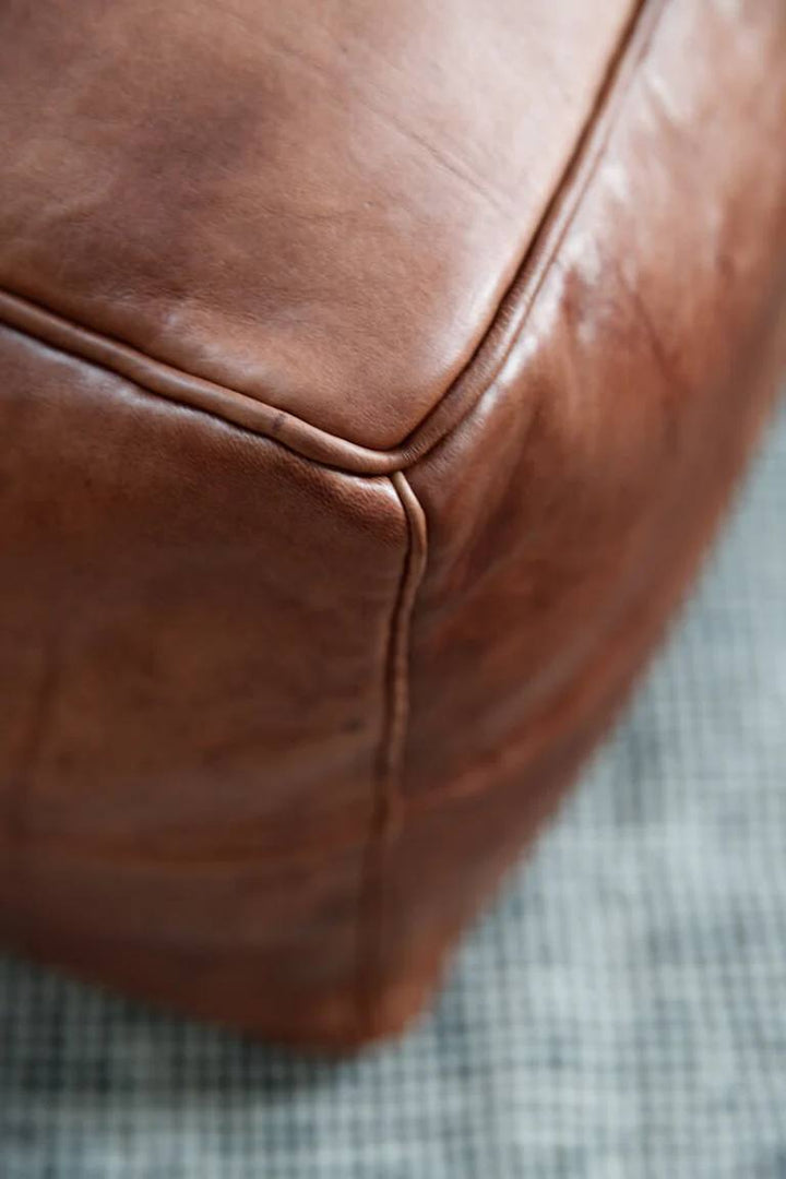 Square Ottoman Leather Pouf, Brown Leather Footstool Handcrafted Coffee Pouf