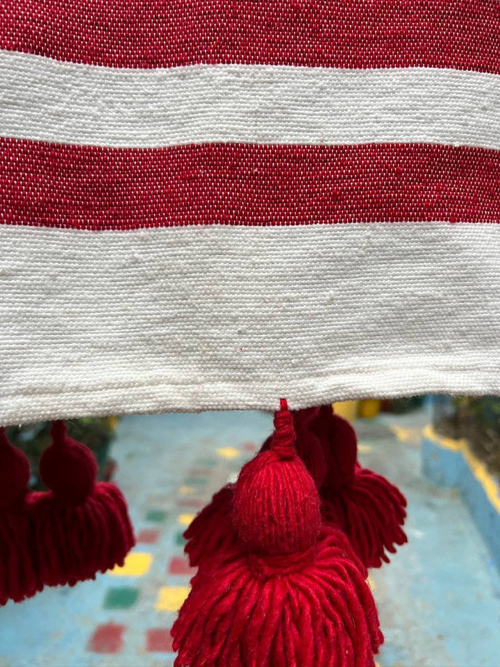 Wool Moroccan Blanket,Bedroom Blanket,Moroccan Red PomPom Blanket,Housewarming