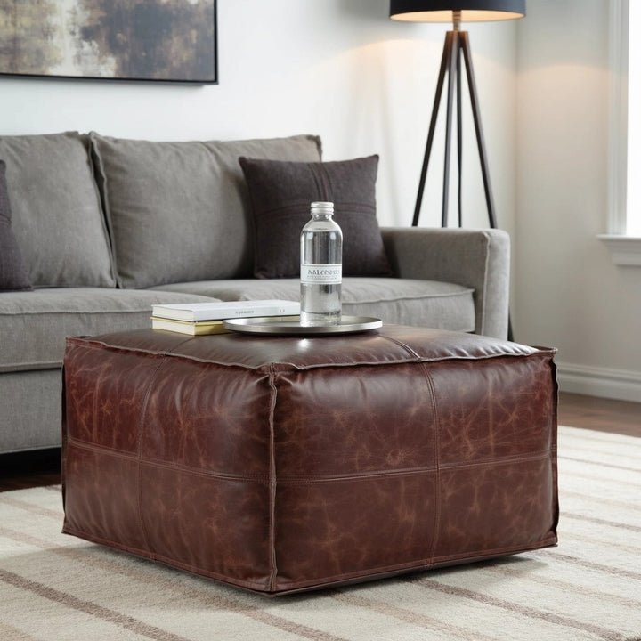 Handmade Large Rectangular Leather Pouf, Brown Footstool, Bohemian Living Room