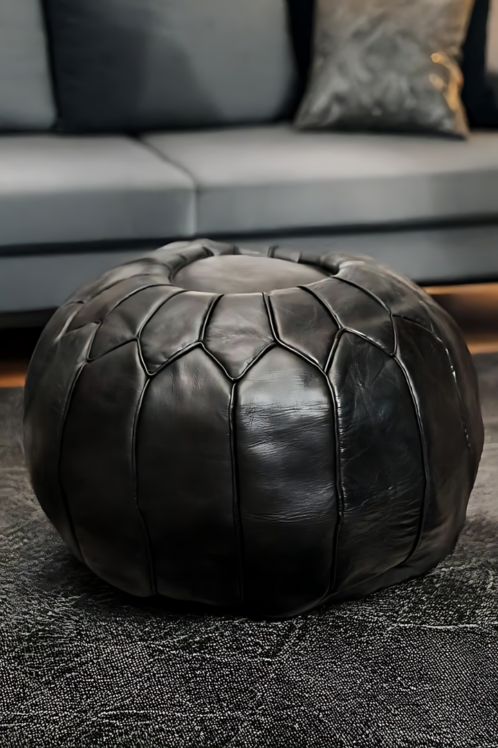 Luxury Double Lined Mahogany Genuine Leather Pouf - Round | Black White Toffee