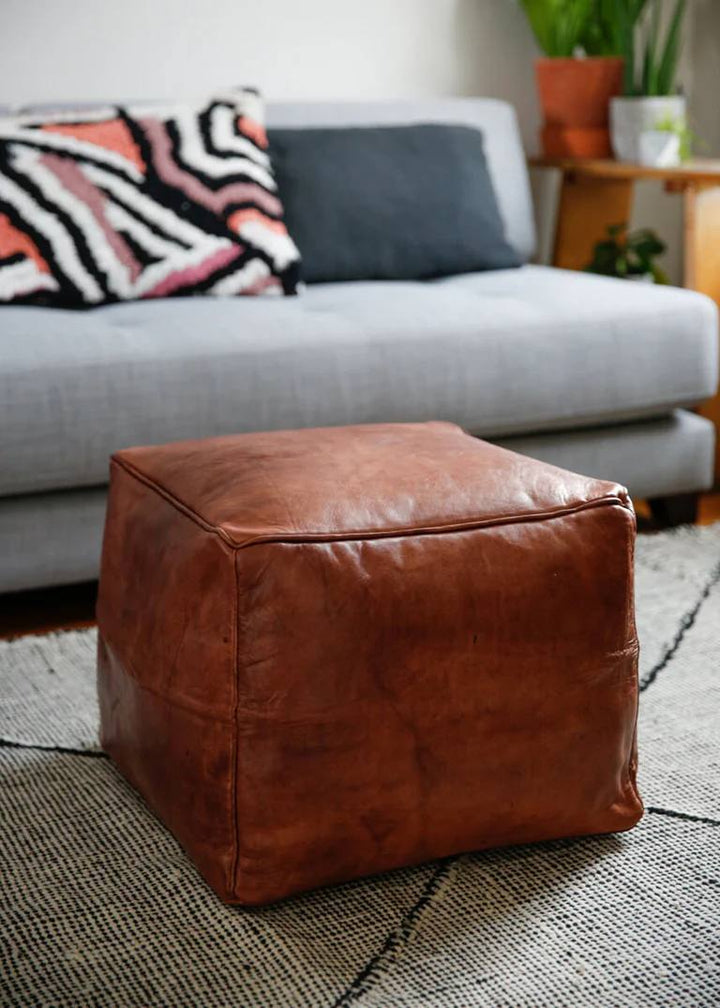 Square Ottoman Leather Pouf, Brown Leather Footstool Handcrafted Coffee Pouf