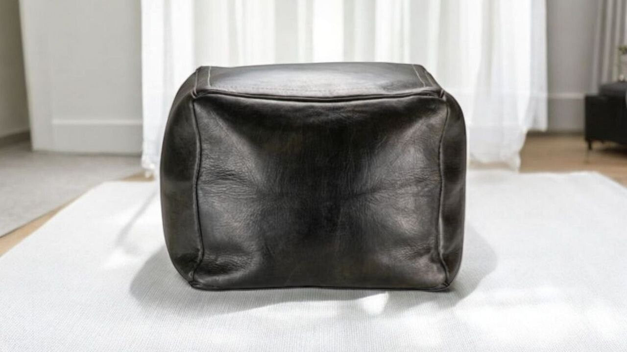 Square Black Leather Pouf, Ottoman Leather Bench Handmade Pouf with Stitching