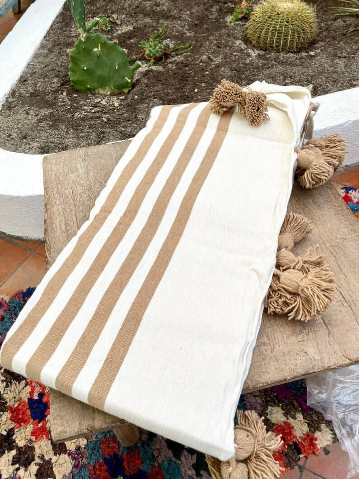 Mustard wool Throw Blanket, Handmade Boho Throw Bed Blanket, Decorative Pom Pom