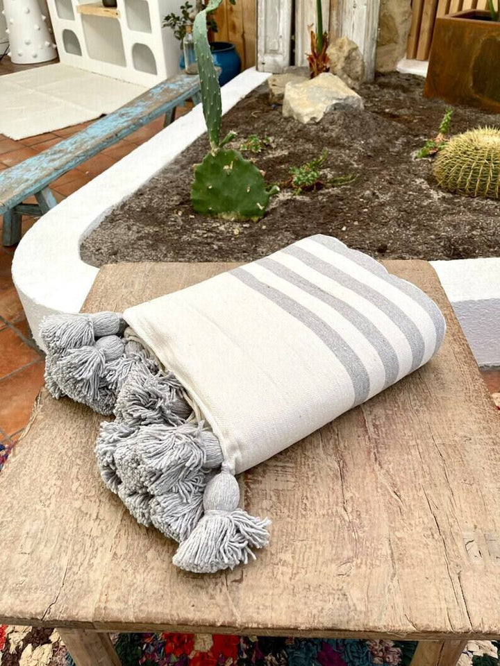 Wool Throw Blanket Cover, Moroccan Pom Pom Throw Blanket, Gray Throw Blanket