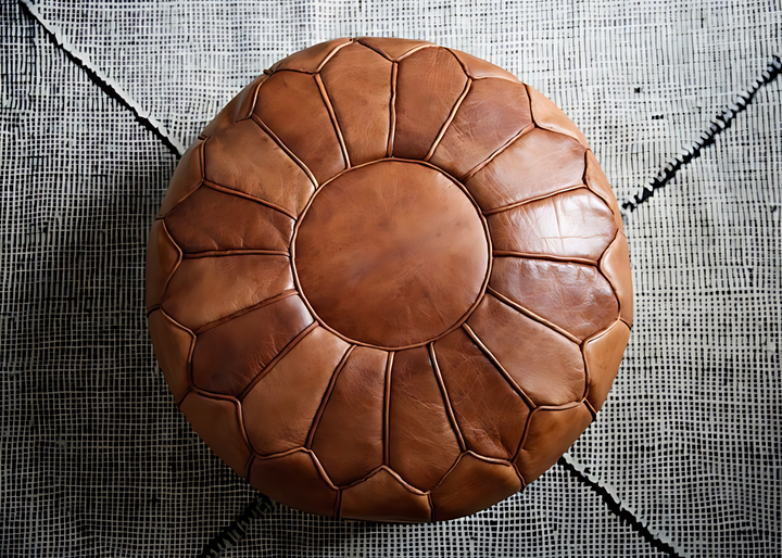 Luxury Double Lined Mahogany Genuine Leather Pouf - Round | Black White Toffee