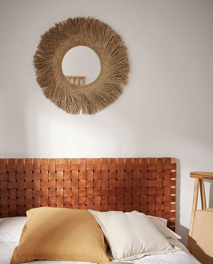 Authentic wall mounted Headboard, Stylish Strap Leather, Brown carved headboard