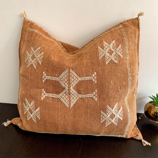 Brown Handwoven 19"x19" Sabra Pillow Cover, Living Room Cactus Silk Pillow Case