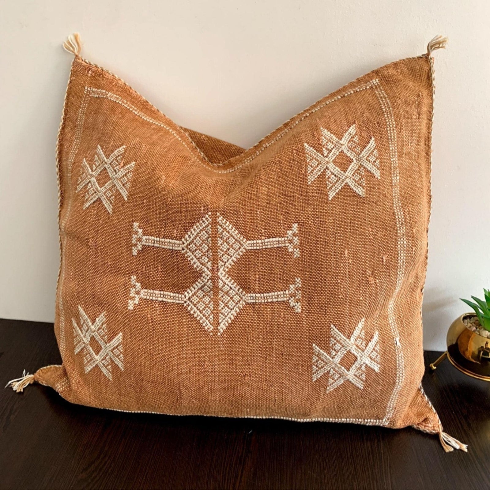 Brown Handwoven 19"x19" Sabra Pillow Cover, Living Room Cactus Silk Pillow Case