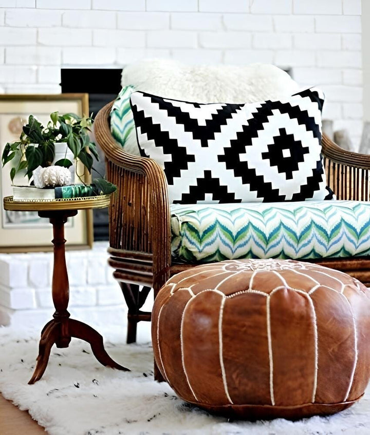 Footstool Modern Home Decor Moroccan -Handcrafted Leather Pouf - Leather Stool