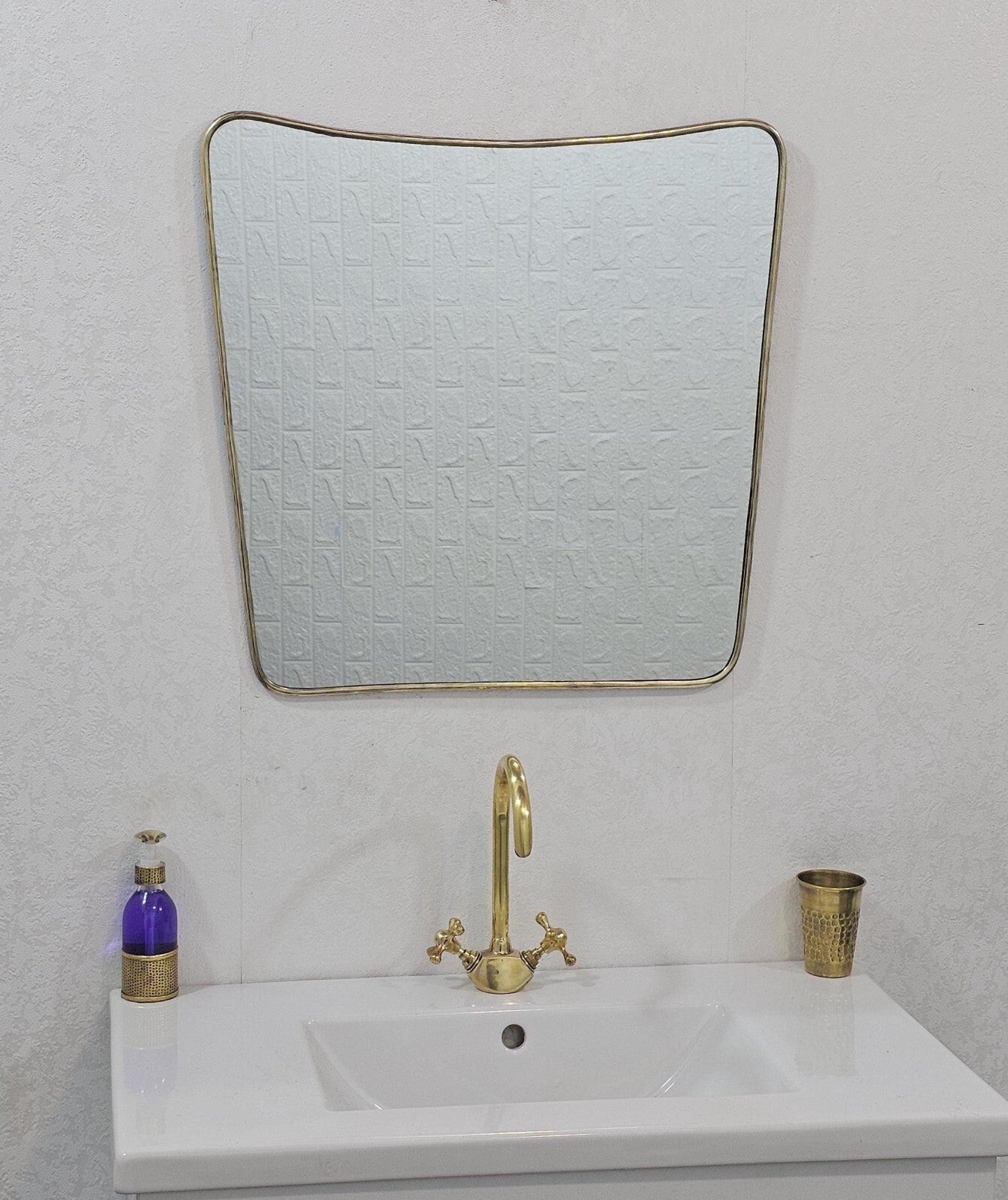 Curved Brass Mirror Irregular Butterfly Wall Mirror, Antique Gold Bathroom Style