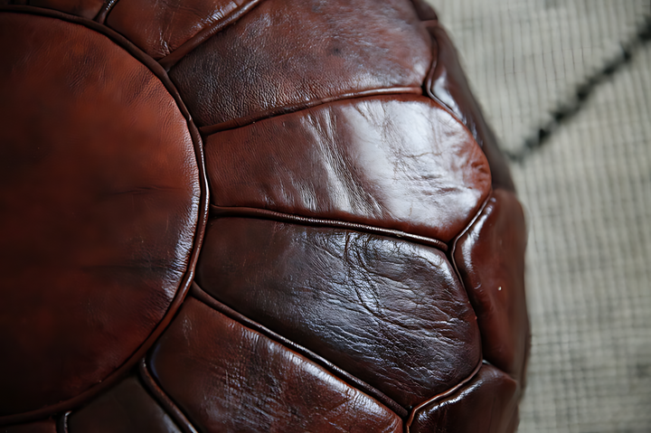 Luxury Double Lined Mahogany Genuine Leather Pouf - Round | Black White Toffee