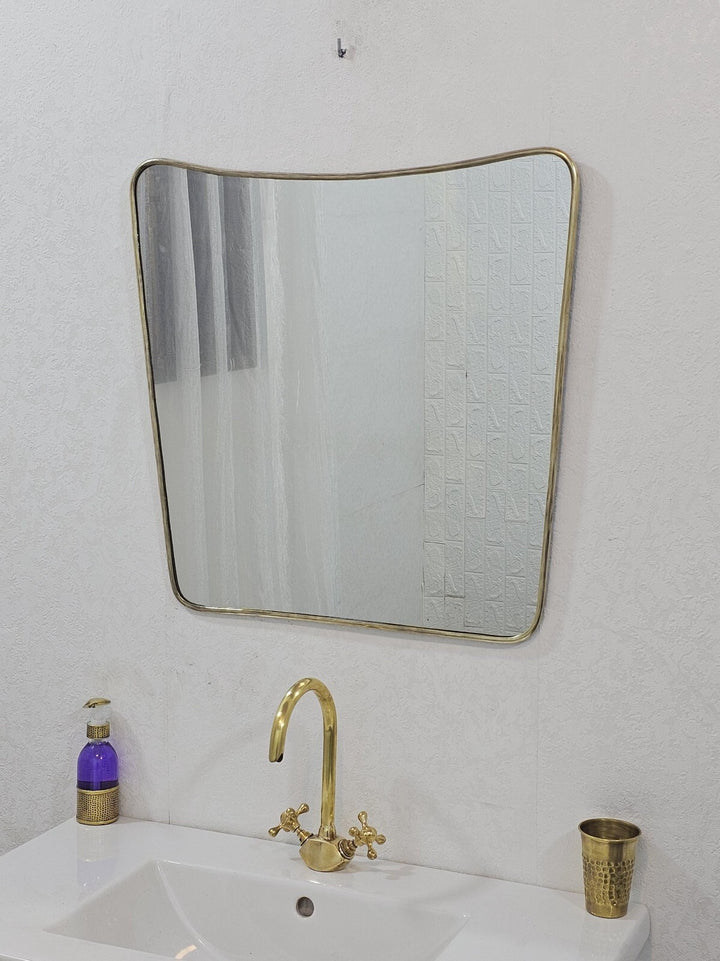Curved Brass Mirror Irregular Butterfly Wall Mirror, Antique Gold Bathroom Style