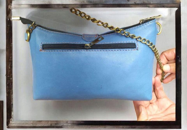 Sky Blue Moroccan Leather Purse – Authentic Handmade Bag with Chain Strap