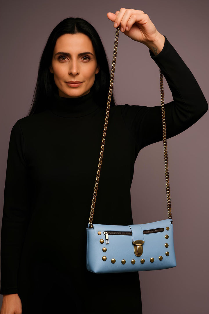Sky Blue Moroccan Leather Purse – Authentic Handmade Bag with Chain Strap
