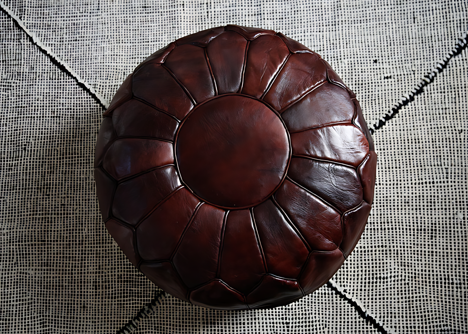 Luxury Double Lined Mahogany Genuine Leather Pouf - Round | Black White Toffee