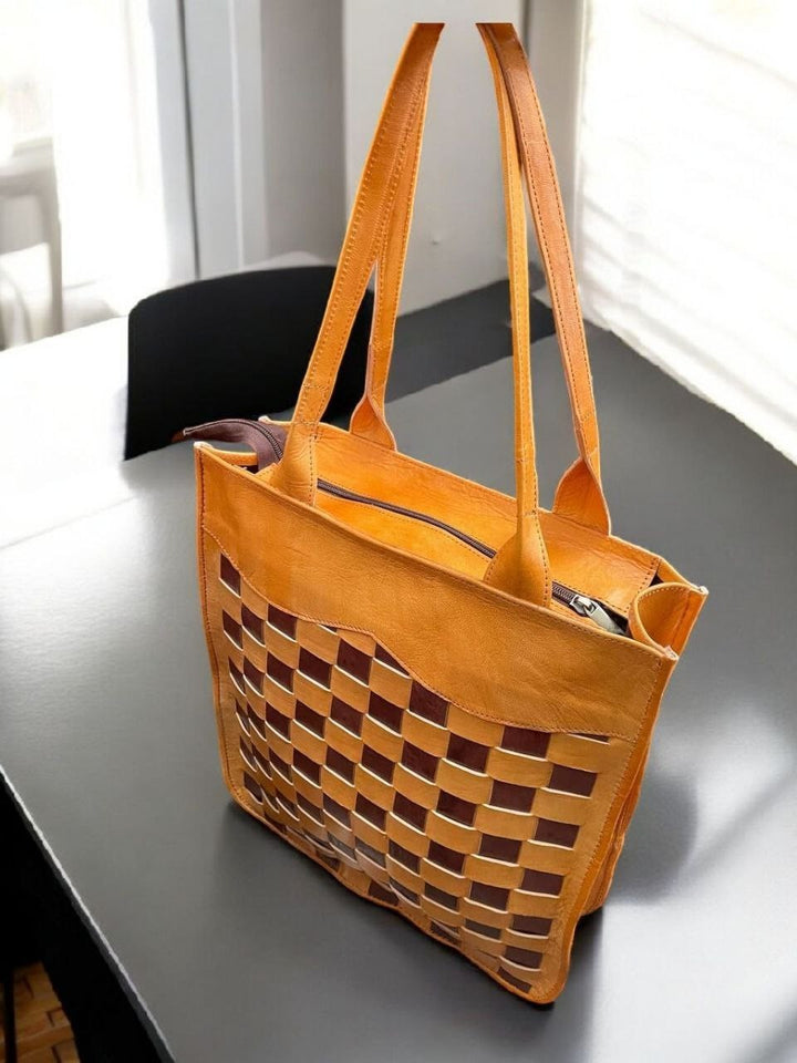 Handmade Moroccan Leather Tote Bag | Genuine Leather | Checkered Pattern