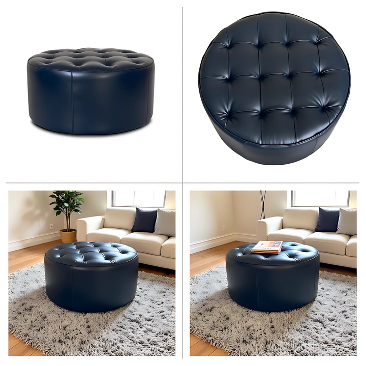 Handmade Pouf Leather Footstool Tufted Round Leather Footrest Ottoman Home Decor