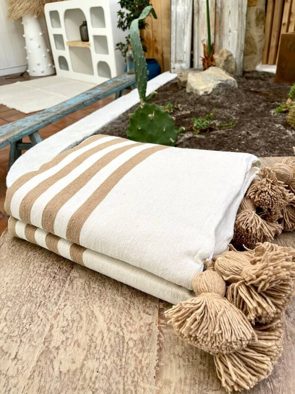 Mustard wool Throw Blanket, Handmade Boho Throw Bed Blanket, Decorative Pom Pom