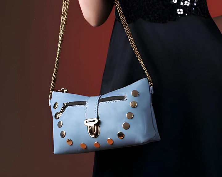 Sky Blue Moroccan Leather Purse – Authentic Handmade Bag with Chain Strap