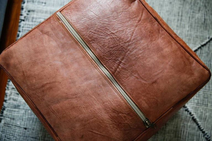 Square Ottoman Leather Pouf, Brown Leather Footstool Handcrafted Coffee Pouf