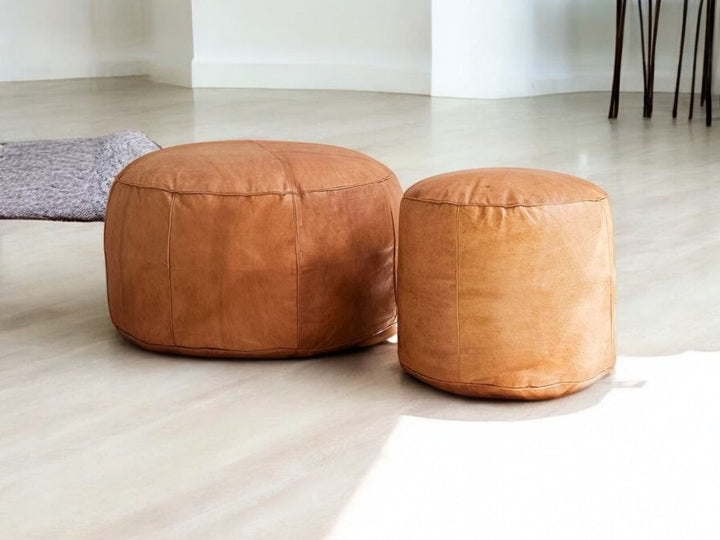 Stylich Handcrafted Ottoman Leather Bench, Round Leather Footstool | Unfilled