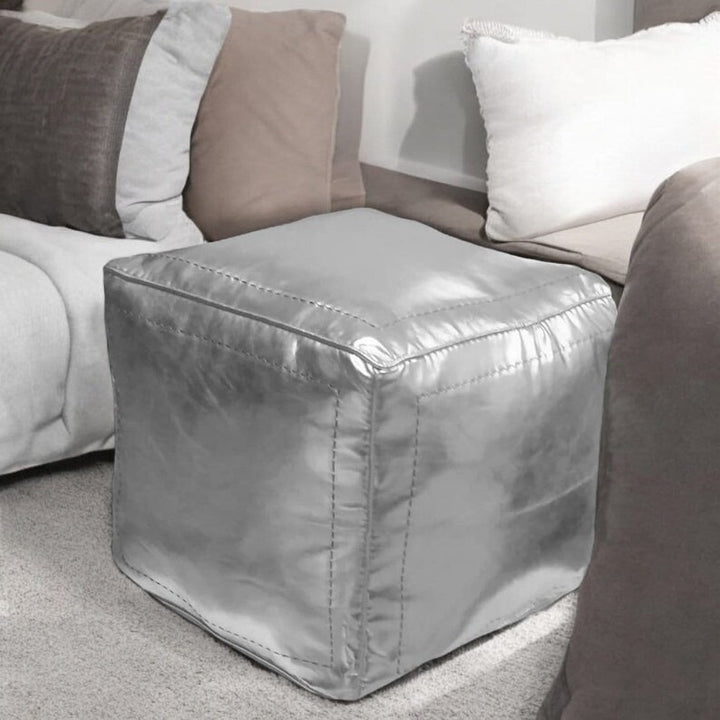 Stylish Handcrafted Silver Faux Leather Ottoman Pouf, Silver Footstool Pouf