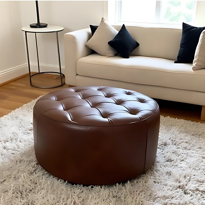 Handmade Pouf Leather Footstool Tufted Round Leather Footrest Ottoman Home Decor