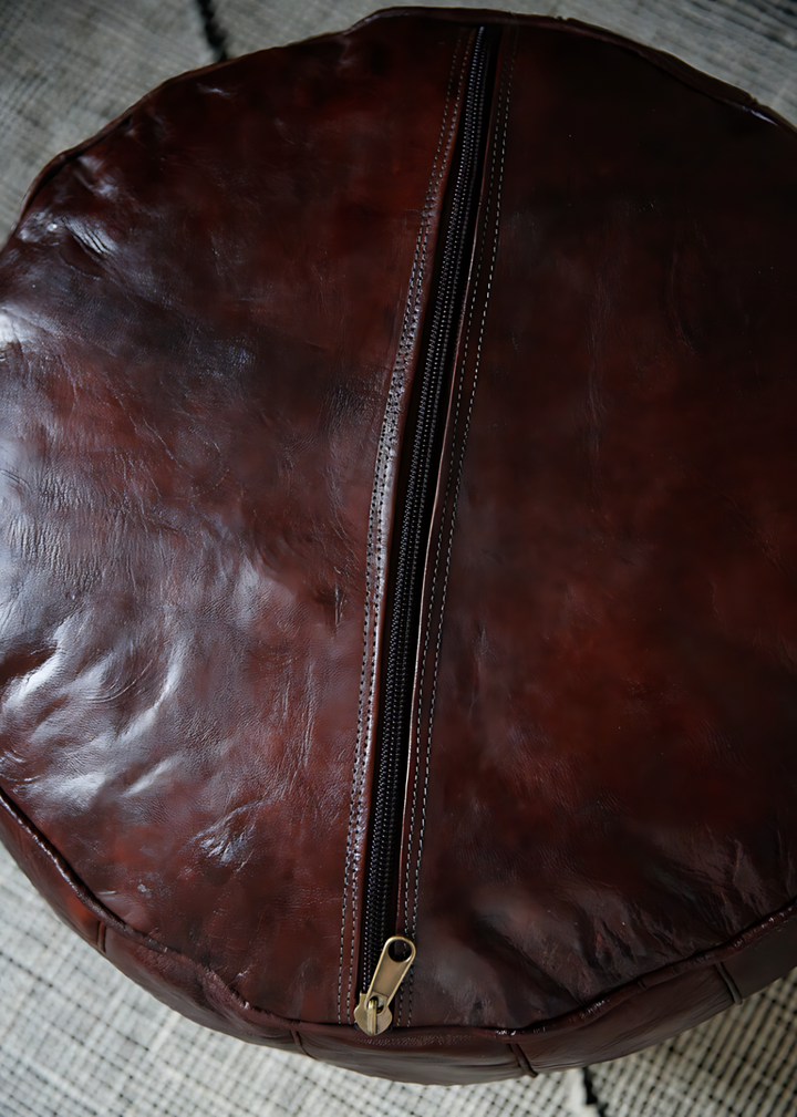 Luxury Double Lined Mahogany Genuine Leather Pouf - Round | Black White Toffee