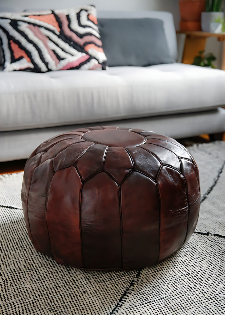 Luxury Double Lined Mahogany Genuine Leather Pouf - Round | Black White Toffee