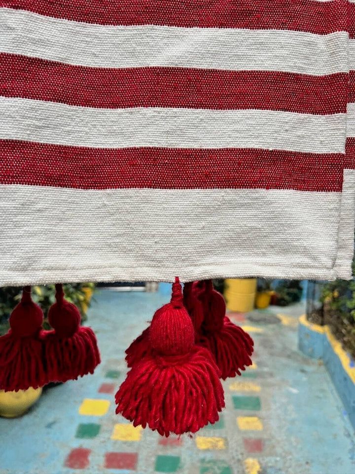 Wool Moroccan Blanket,Bedroom Blanket,Moroccan Red PomPom Blanket,Housewarming