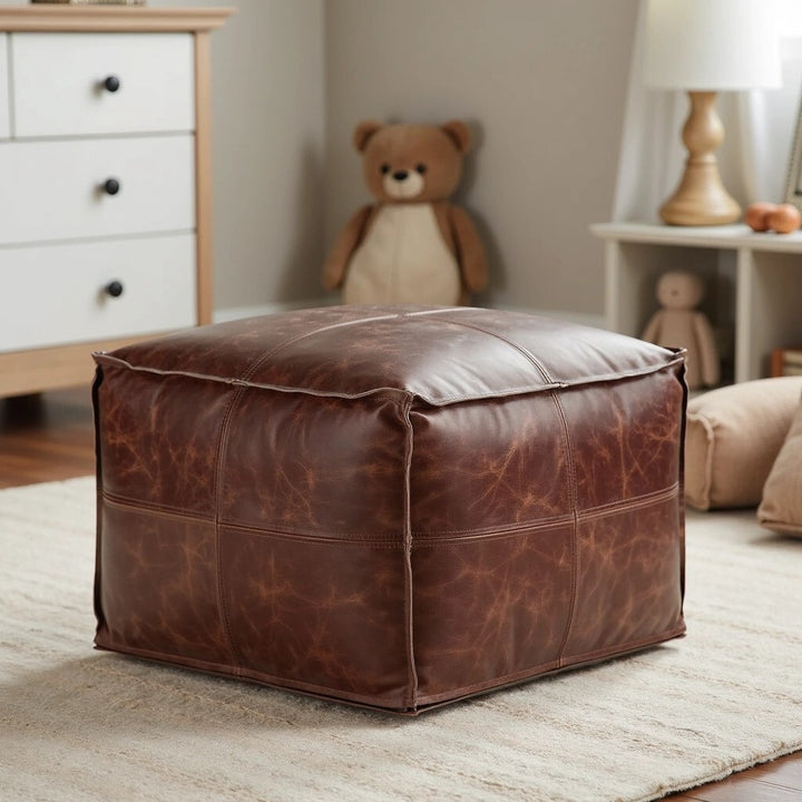 Handmade Large Rectangular Leather Pouf, Brown Footstool, Bohemian Living Room