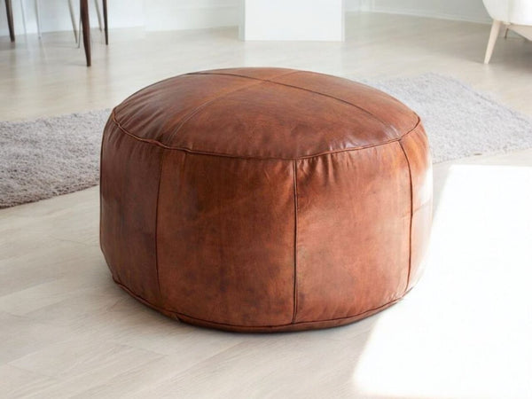 Stylich Handcrafted Ottoman Leather Bench, Round Leather Footstool | Unfilled