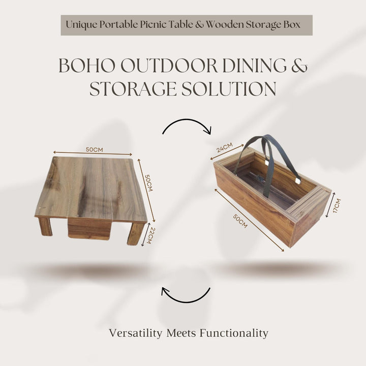 Portable Picnic Table  Wooden Storage Box - Boho Outdoor Dining Storage Solution
