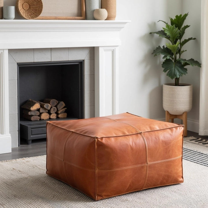 Handmade Large Rectangular Leather Pouf, Brown Footstool, Bohemian Living Room